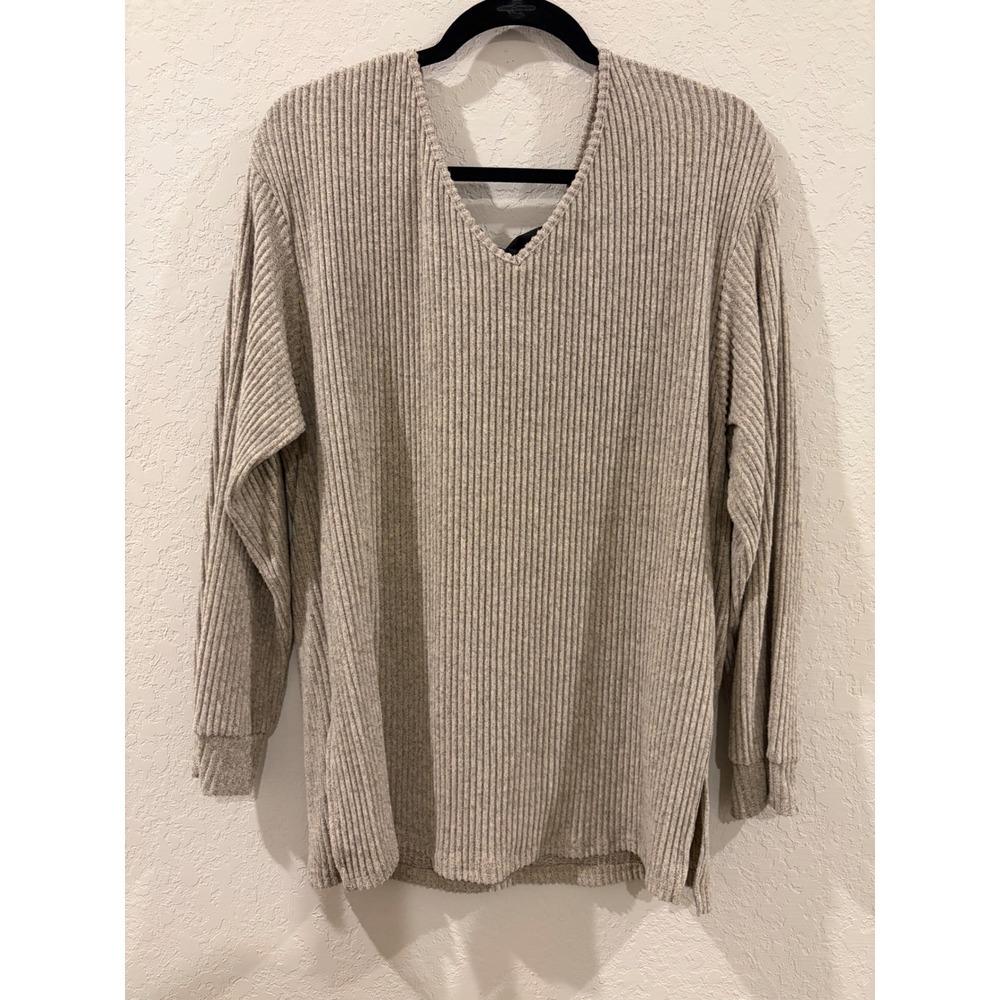 Oatmeal Ribbed Knit Open Back Bow Tie Tunic Top Long Sleeve V-Neck Large